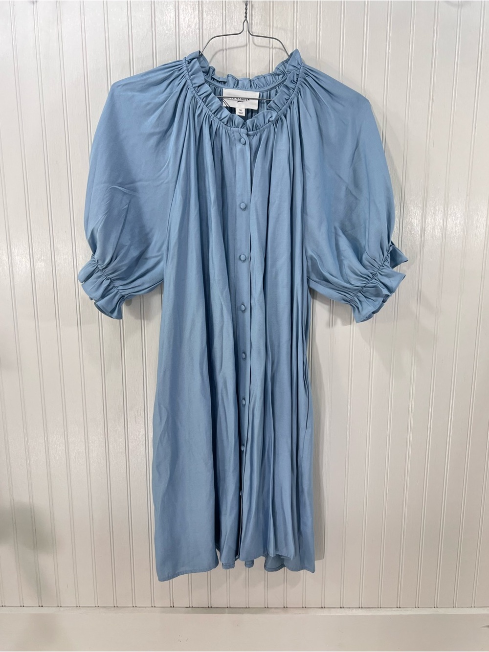 Pomander Place Baby Blue Puff Sleeve Ruffle Neck Button Front Mini Dress XL NWOT